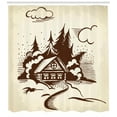 thumbnail image 3 of Log Cabin Shower Curtain, Monochrome Drawing Image of a Wooden Cabin and Firs with Winter Theme, Fabric Bathroom Set with Hooks, 69W X 84L Inches Extra Long, Eggshell Dark Rosewood, by Ambesonne, 3 of 3