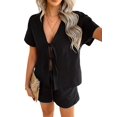 thumbnail image 3 of Women'S Summer Short Sets Front Tie V Neck Shirt Tops Matching Casual Shorts 2 Piece Outfits Black XL, 3 of 9