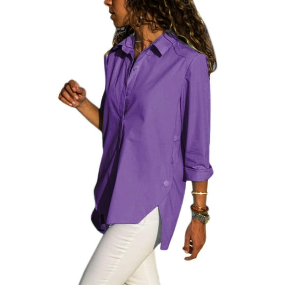 URTERYSER Womens Shirts Fashion Casual Loose Fit Long Sleeve Button Down Solid Lightweight Lapel Collared Blouse Tops Purple