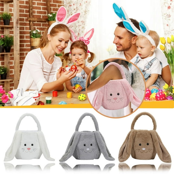 Cozy Plush Easter Bunny Basket - White 7.7"– Dual Carry Handle & Arm Slot, Roomy Kid-Safe Fluffy Basket for Easter Egg Hunt, Holiday Candies, Gifts & Family Festive Decor