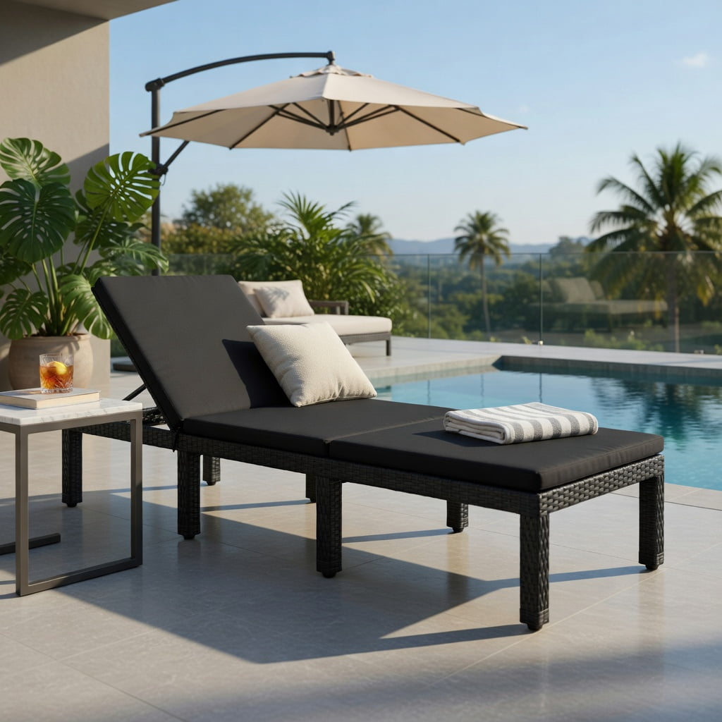Hommoo Height-Adjustable Outdoor Rattan Lounge Chair with Dual Cushion Covers, PE Wicker Patio Recliner for Poolside, Garden & Porch, Black & Turquoise