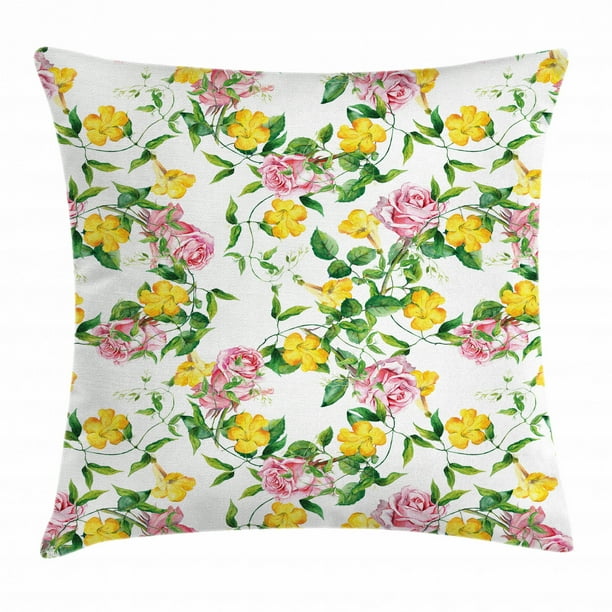 Yellow Flower Throw Pillow Cushion Cover, Flourishing Bindweed and Pink Roses Leaves Botanical