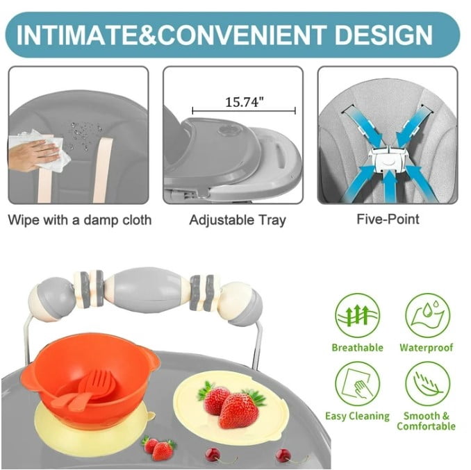 LHUAI, Foldable Baby High Chair, 4 in 1 Convertible High Chairs, With 5-Point Safety Harness, Adjustable Dining Tray & Backrest & Height, Easy To Clean Surface, For Babies And Toddlers, Grey