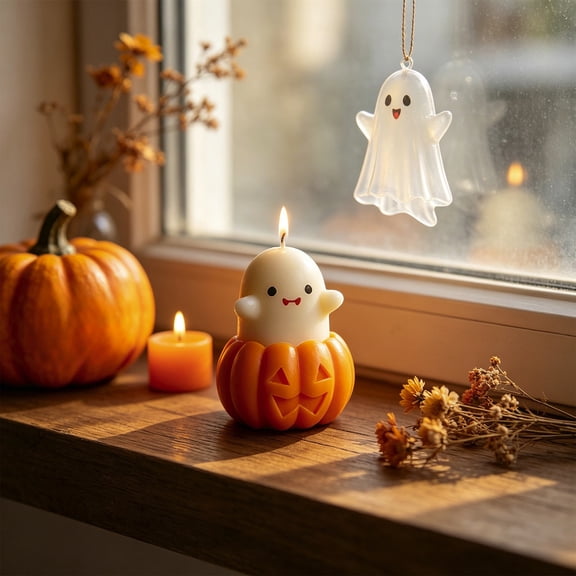 Eolstice Halloween Pumpkin Cauldron Ghost Candle, Chamomile Scented Soy Wax Aromatherapy Candle, Home Relaxation Gift, Spooky Fall Party Decor