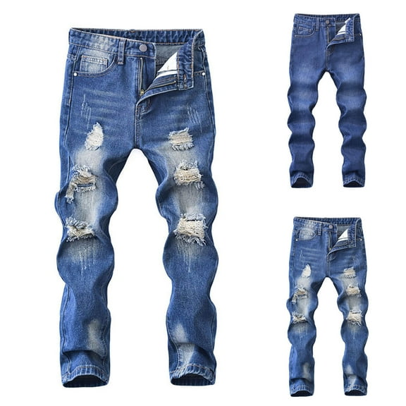 Boys Straight Leg Jeans Size 12 Boy's Ripped Jeans Stacked Destroyed Distressed Skinny Fit Fashion Comfy Denim Jeans Pants Pants For Teens Jeans