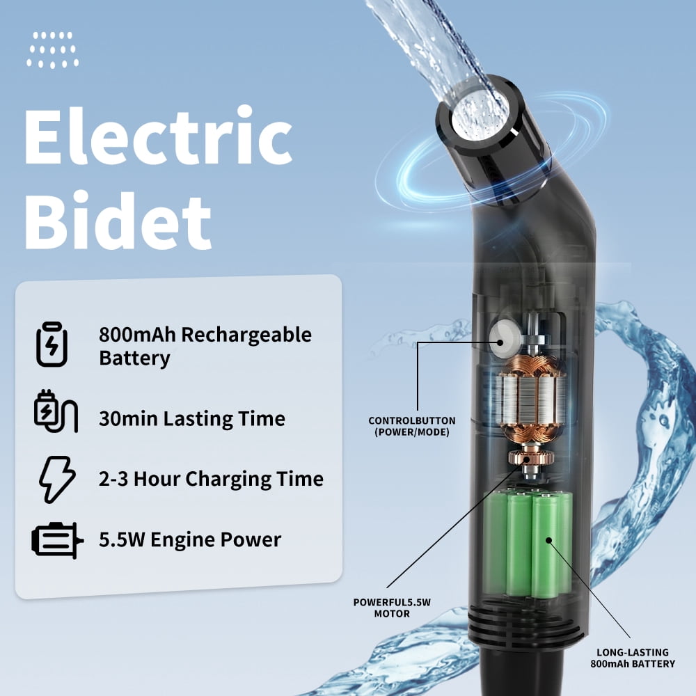 WOWER Electric Handheld Bidet, Dual Pressure Mode, Portable Bidet with Rechargeable 800mAh Battery, Collapsible 2300mL Water Tank Included