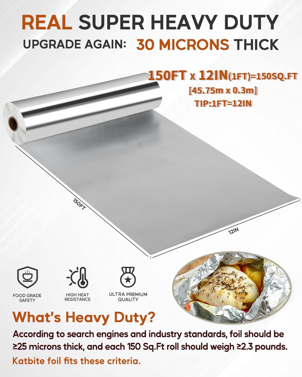 Aluminum Foil Roll, Heavy Duty 12inx150ft, 30 Micron Thick Strong Foils Aluminum Roll with Cutter for Home Cooking, Catering, Grilling,150Sqft