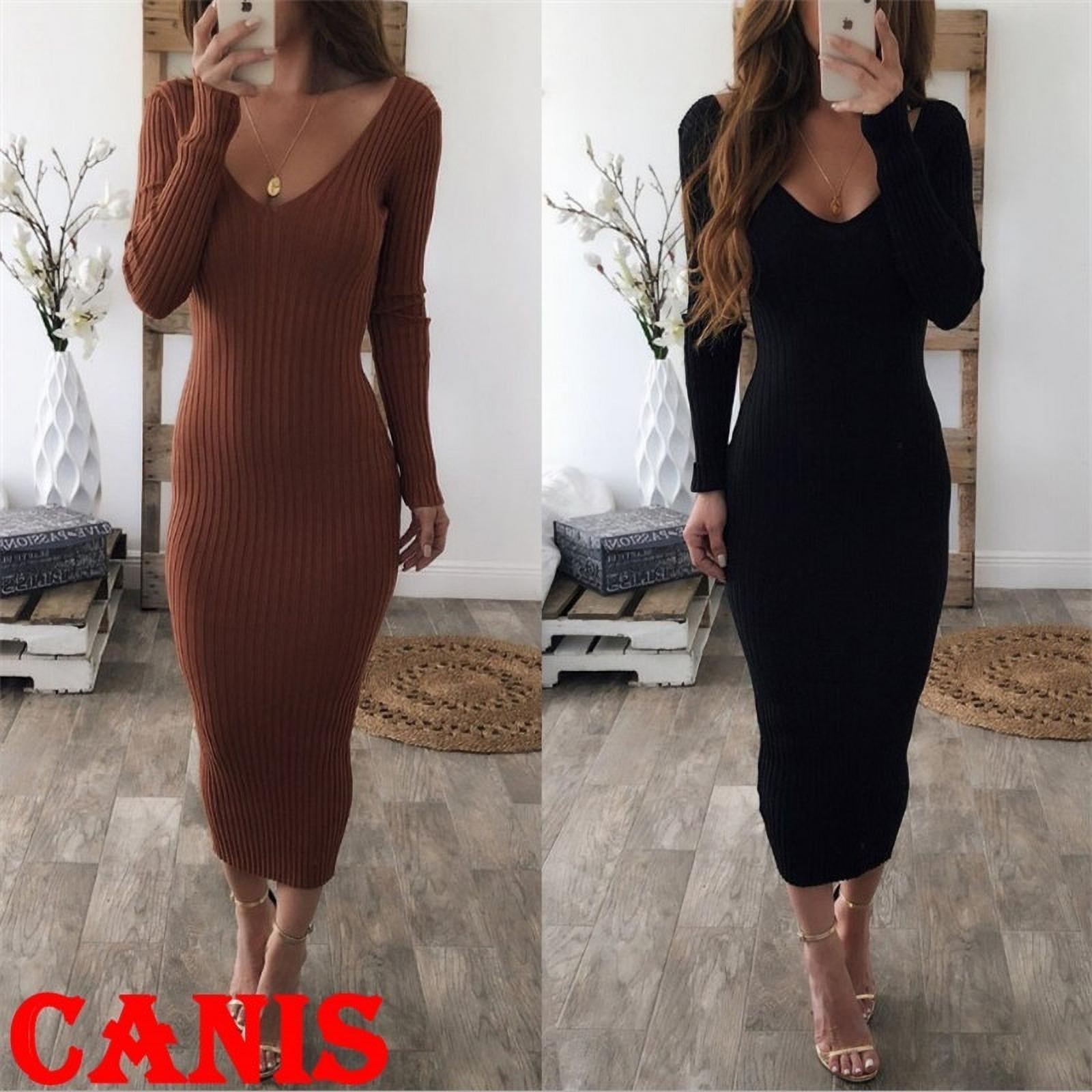 Women V Neck Knitted Bodycon Jumper 