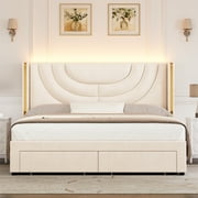 Homfa King Size LED Bed Frame with 2 Drawer Storage, Wingback Platform Bed with Velvet Upholstered Headboard, Off-White