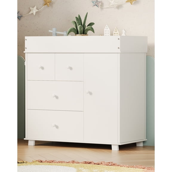 Roromall Baby Dresser with Changing Table Top, 4 Drawers Nursery Dresser with Door, Infant Diaper Changing Station Baby Cloth Organizer for Nursery and Bedroom