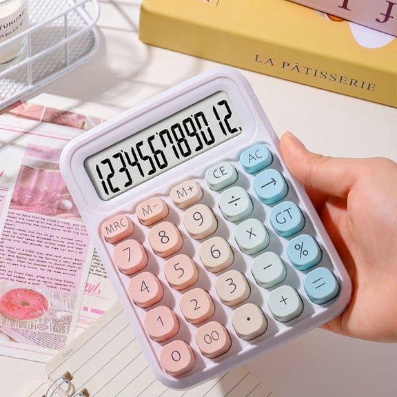 12-Digit LCD Display Electronic Calculator, Battery Powered, Large Button, with Memory Function