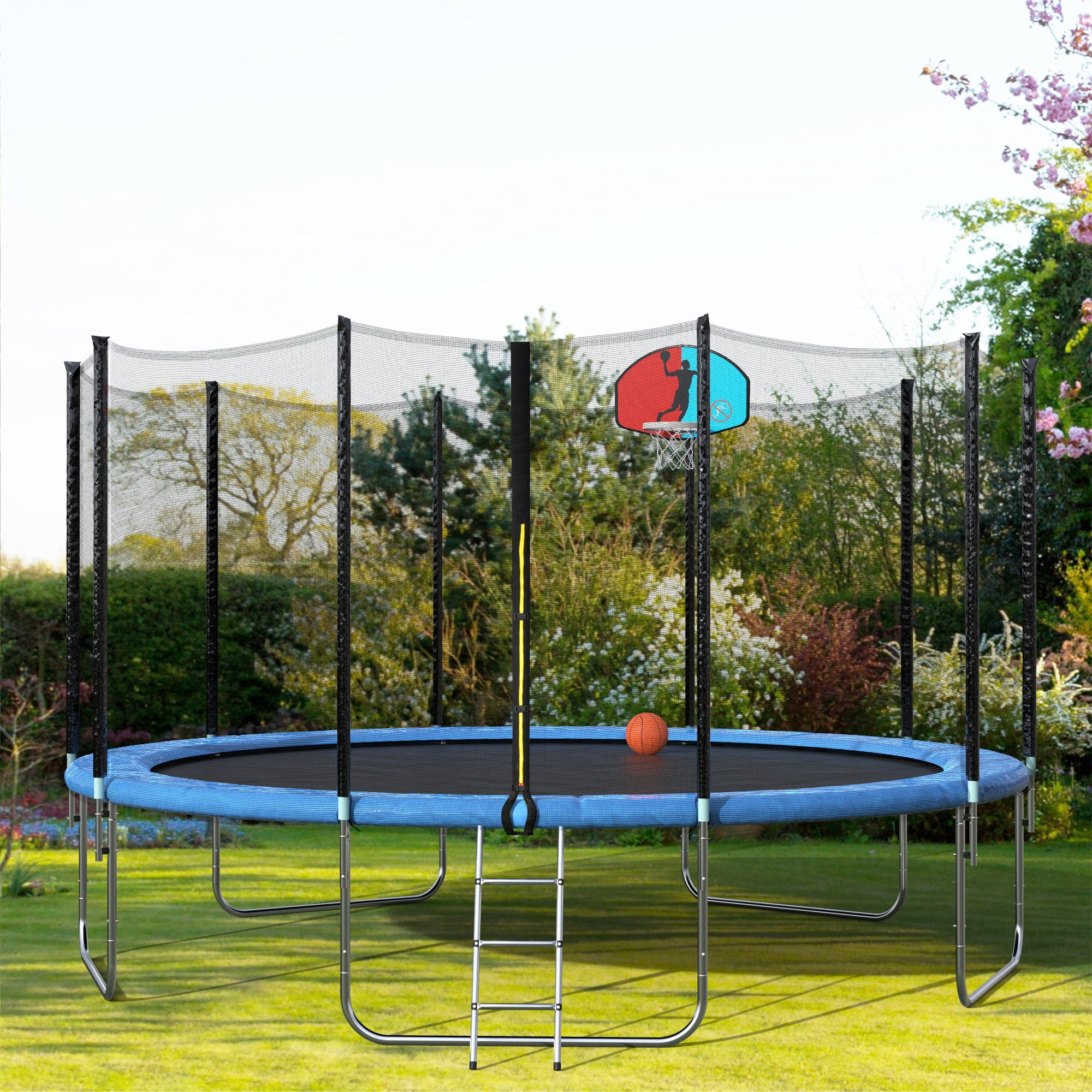 15FT Kids Outdoor Trampoline with Enclosure Net Basketball Hoops Ladder Round US 