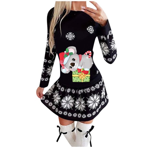 Vestidos de Navidad Para Mujer Moda Otoño E Invierno Manga Larga Navidad Impreso Cuello Redondo Vestidos Largos Odeerbi ODB198516