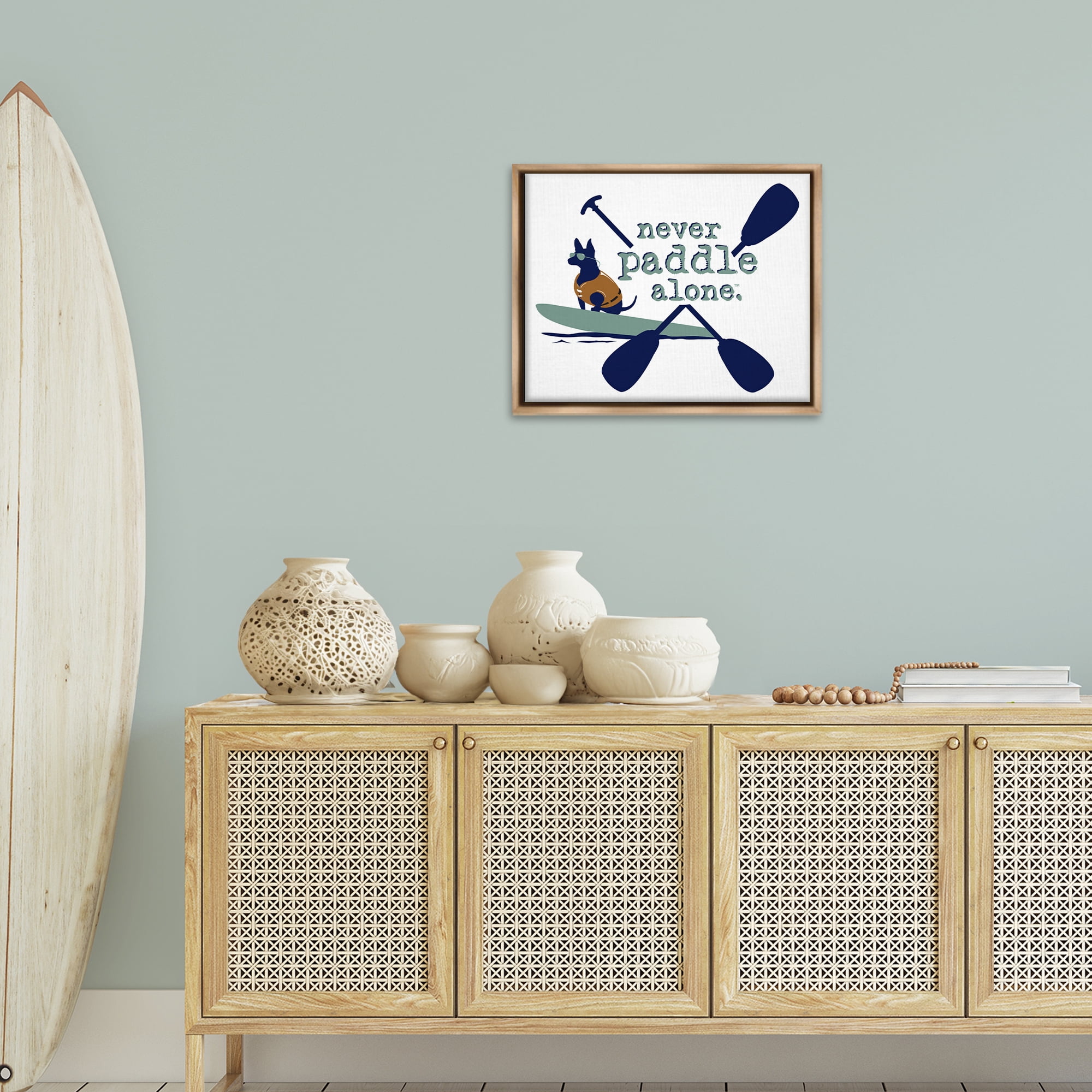 Stupell Industries Never Paddle Alone with Dog Animals Painting Brown Floater Framed Canvas Art Print Wall Art, 21 x 17