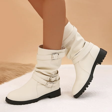 

TALKVE Ladies Solid Color Wrinkled Leather Belt Buckle Heel Fashion Mid Boots