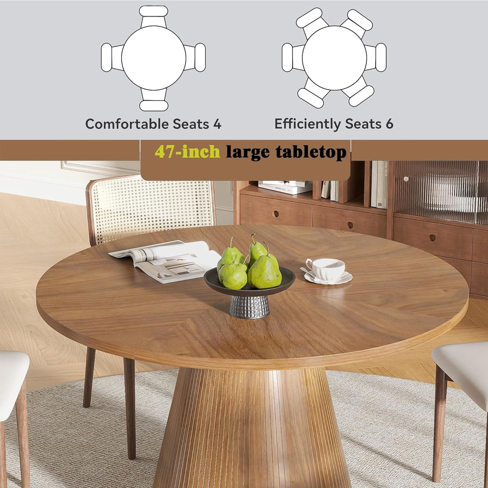 47 inch Round Dining Table for 4, Farmhouse Kitchen Table, Circle Dining Table for Kitchen, Living Room, Walnut