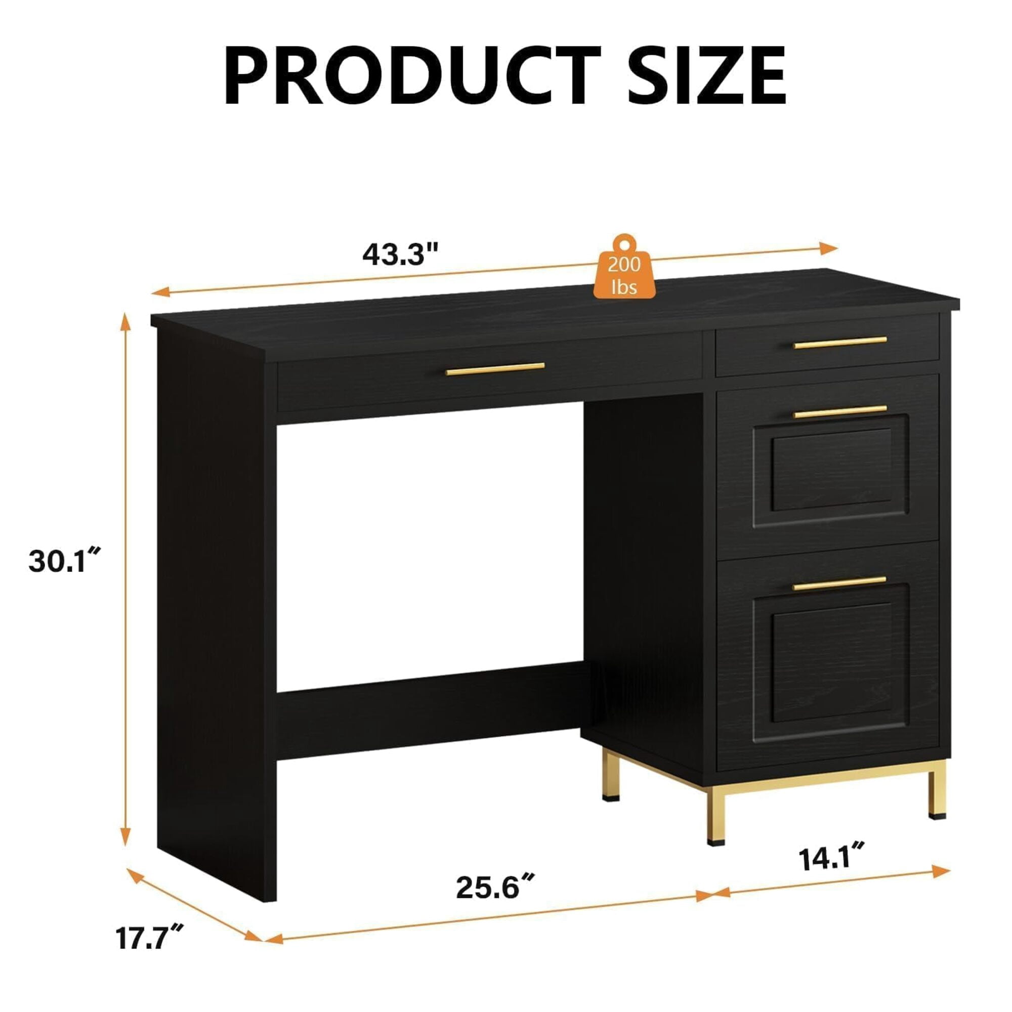 4 EVER WINNER 43" Black & Gold Desk with 4 Storage Drawers & Shelves, Luxury Multi-Functional Computer Desk for Home Office