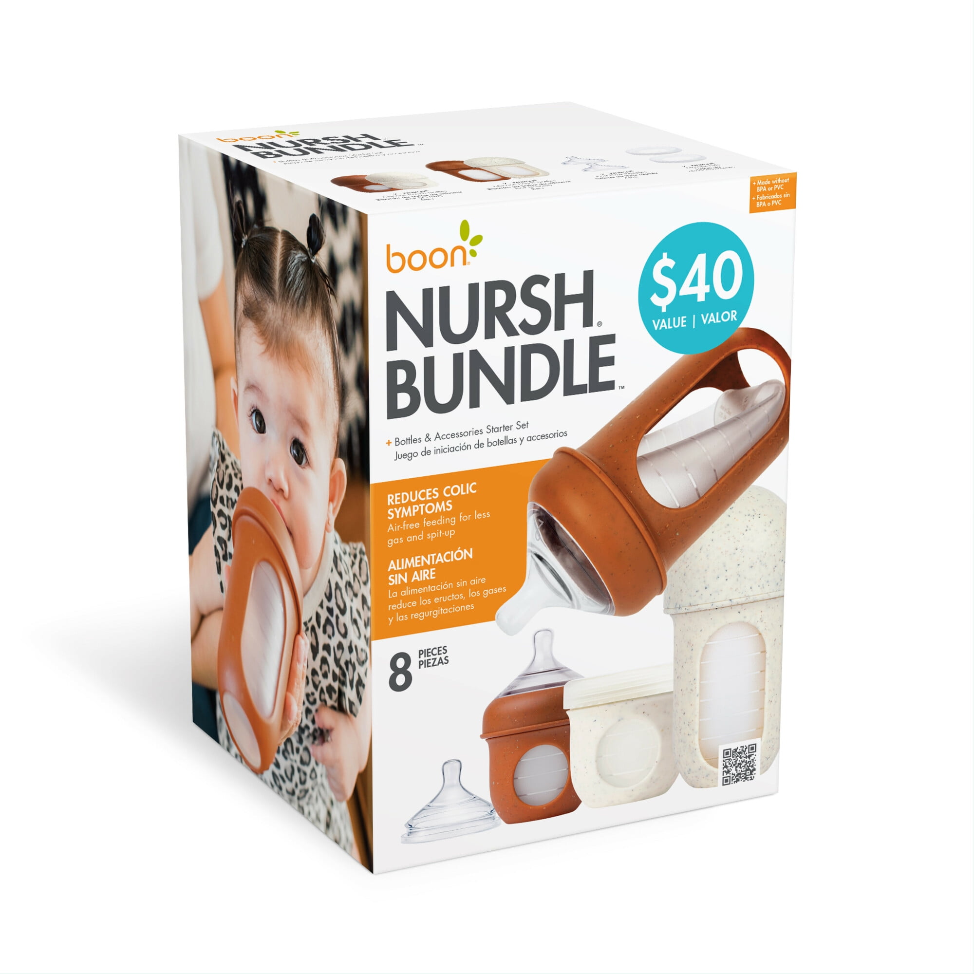 Boon NURSH® Silicone Speckle Bottle Bundle with Storage Lids   - Includes Slow/Medium/Fast Flow Nipples, 4 and 8 Ounce Bottles, and Storage Lids