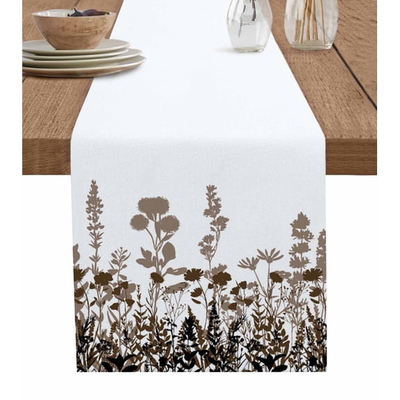 ERUNPONLY Brown Flowers Table Runner - 90 Inch Long Vintage Country Spring Wild Floral Herbs Cotton and Linen Blended Dress Scarves Farmhouse Table Runner for Kitchen Dining, Coffee Table, 13" x 90"