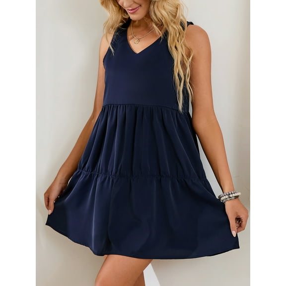 LELINTA Women Plus Size Summer Tunic Dress V Neck Casual Loose Flowy Swing Shift Dresses, Black/ Green/ Navy Blue/ Wine Red/ Caramel, S-2XL