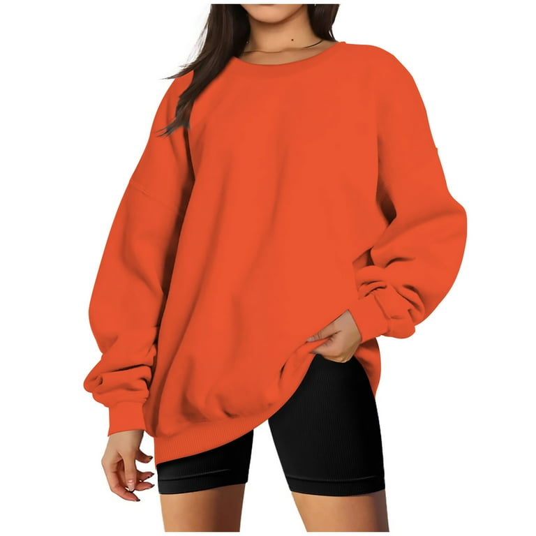 Womens Tops Plus Size Long Sleeve Round Neck Solid Loose Sweatshirt Orange S