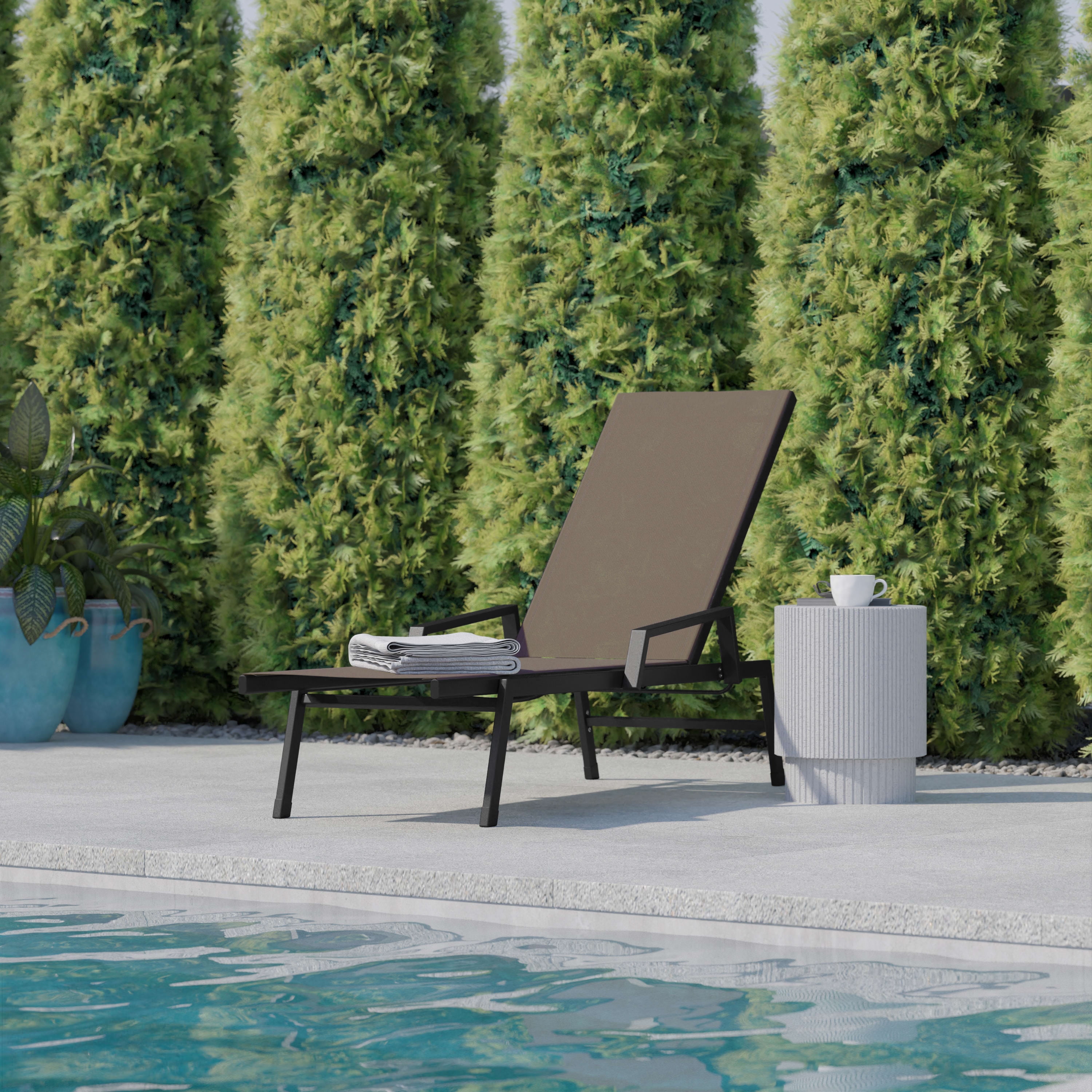 Flash Furniture Brazos Adjustable Chaise Lounge Chair with Arms, All-Weather Outdoor Five-Position Recliner, Black/Brown