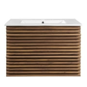 Modway Render 30 Modern Wood Wall-Mount Bathroom Vanity in Walnut/White
