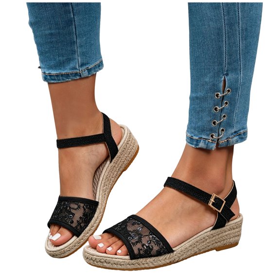 Women's Espadrilles Sandals Closed Toe Wedge 2026 Open Toe Low Heels Canvas Dressy Summer Platform Wedge Casual Summer Beach Shoes D-Black Size 9