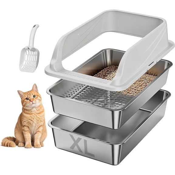 Stainless Steel Sifting Litter Box for Pine Pellets, XL Odor Free | Stainless Steel Litter Box with Lid,Large Capacity，Anti-Leakage, Easy Cleaning, Less Tracking, for Multi-Cat & Big cats