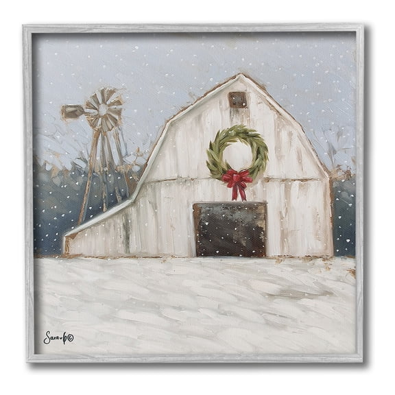 Stupell Industries Winter Barn with Snowflakes Landscape Painting Gray Framed Art Print Wall Art, 12 x 12