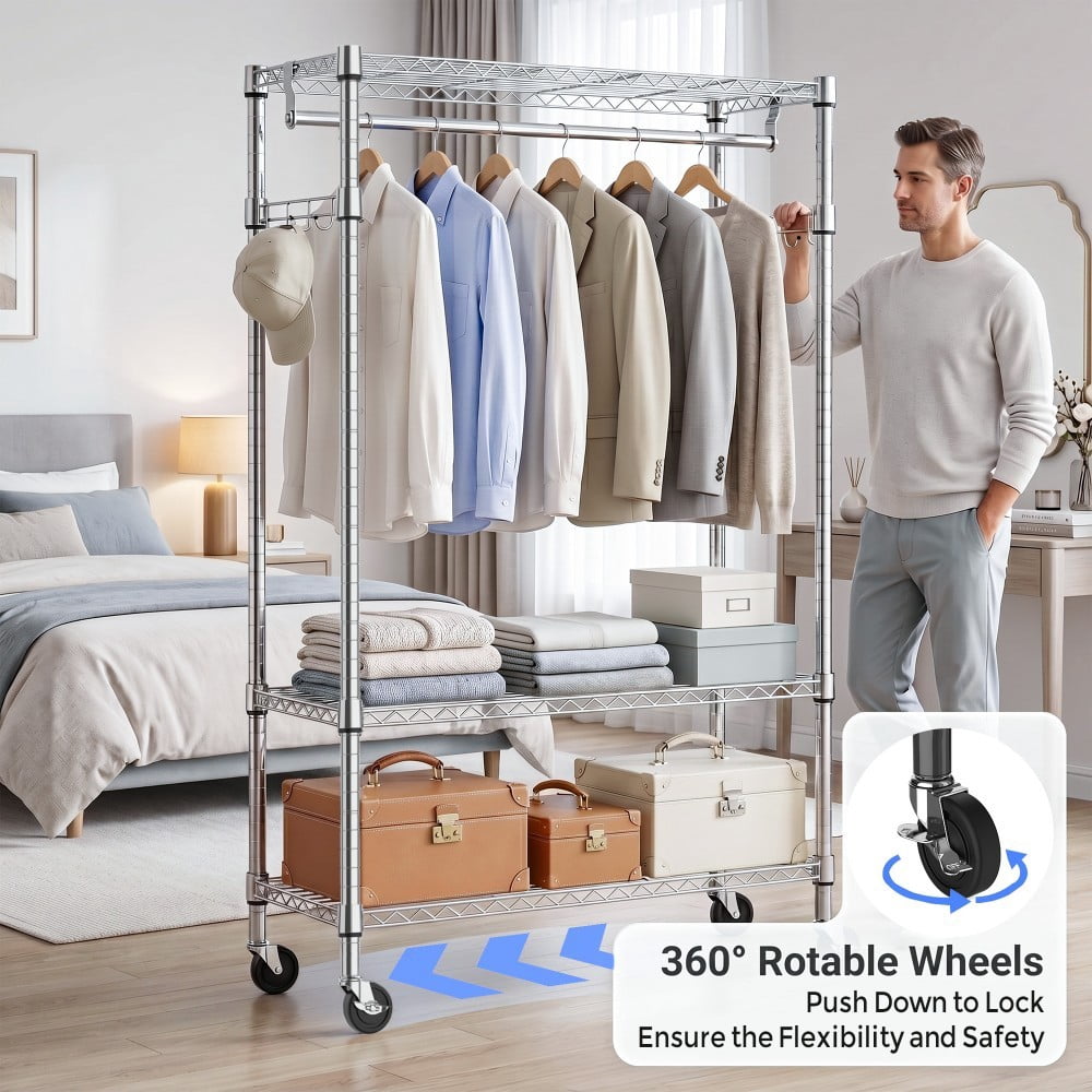 Heavy Duty Rolling Garment Rack, 3-Tier Adjustable Wire Shelving Clothes Rack with Hanging Rod, Side Hooks & Lockable Wheels, Chrome