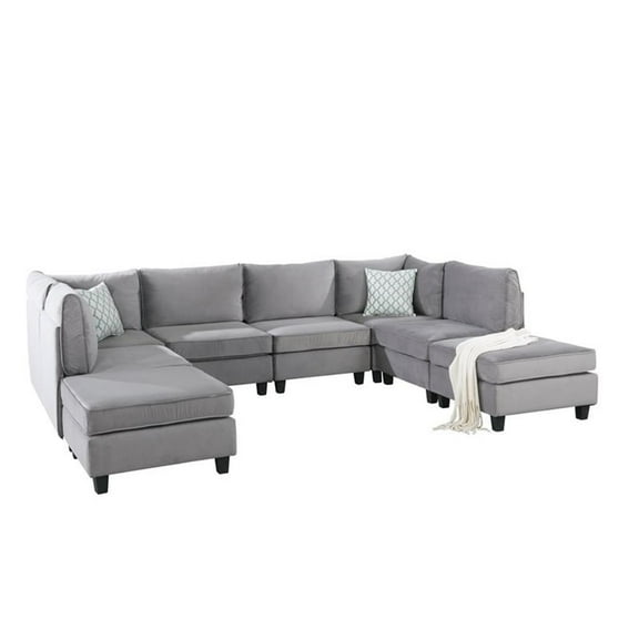 Bowery Hill Upholstery Velvet Fabric U-Shape 8Pc Modular Sectional Sofa with 2 Ottomans and 2 Accent Pillows