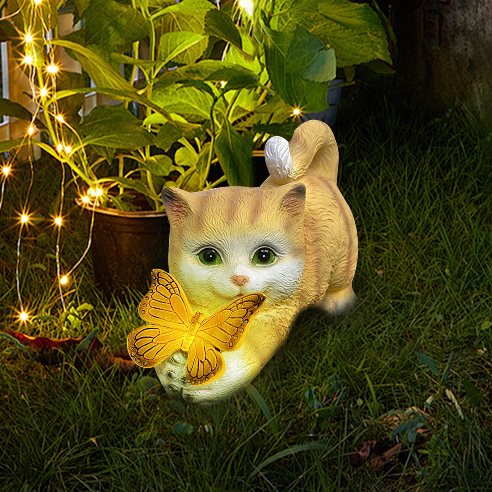 Garden Statue, Zzbeans Solar Cat Sculpture with Bright Butterflys, Resin Outdoor Decor for Patio Lawns Weather Resistant Night Light, Yellow