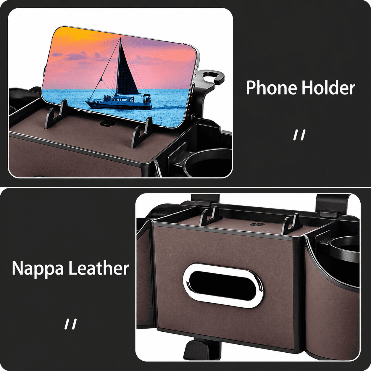 4-in-1 Back Seat Car Organizer with Multi-Pocket Storage & Cup Holders, Universal Fit Backseat Organizer for Travel & Daily Use, BROWN