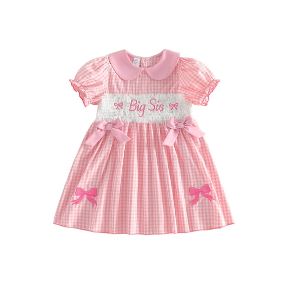 BemeyourBBs Toddler Baby Girls Big Sister Dress Outfit Spring Summer Plaid Gingham Dress Big Sis Letters Embroidery Short Puff Sleeve Doll Collar Bow Casual Dress Sundress