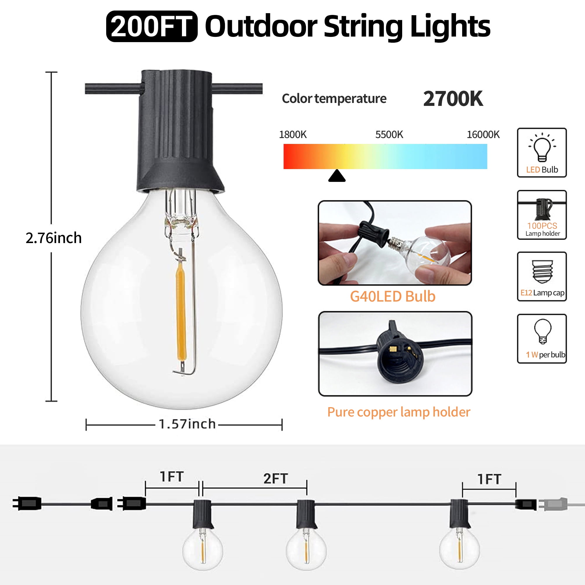DAYBETTER Waterproof 200FT Outdoor String Lights, with 100 + 2 Plastic G40 , Connectable Shatterproof Outside Hanging Lights for Backyard Porch Deck