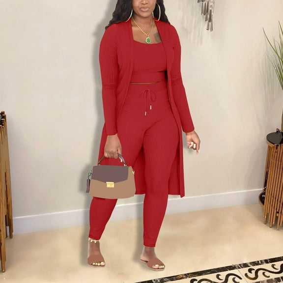 Fall Winter Women Stretchy Wear 2022 Solid Color 3 Piece Pants Set Ladies Ribbed Casual Three Pcs Outfits Ski Suit Womens Elegant Jumpsuits plus Size Pant Suits for Women Pearl Suit Womens Pant Suit