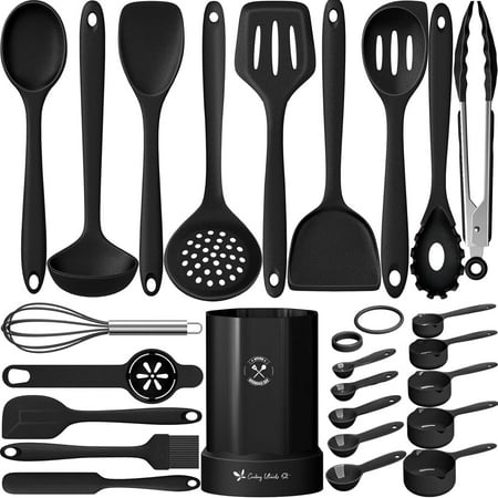 

Silicone Kitchen Cooking Utensil Set 25 Pcs Kitchen Utensils with Spatula Spoon Turner Tongs Heat Resistant Kitchen Gadgets Tools Set for Nonstick Cookware Black (Dishwasher BPA Free)