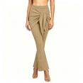 thumbnail image 3 of AKOEE Flared Leggings for Women Tie Front Skirted High Waist Stretchy Bell Bottoms Yoga Workout Casual Pants (M, Khaki), 3 of 8