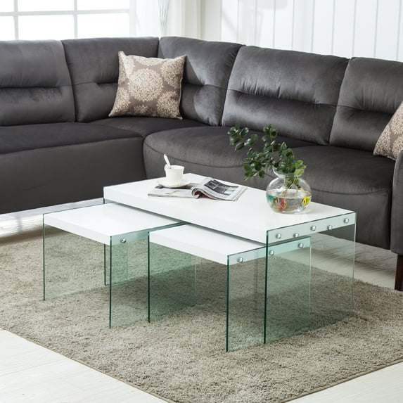 New White 3-Piece Glass Side End Table Set Coffee Table Living Room Furniture