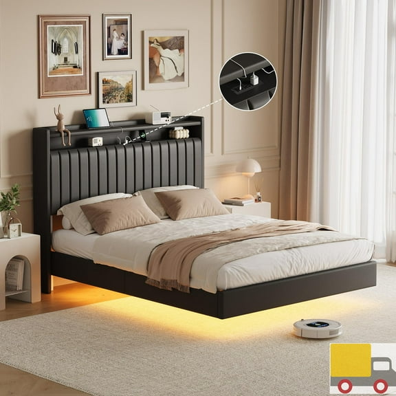 Floating Bed Frame with LED Lights & Charging Station, PU Leather Platform Bed with Storage Headboard, 50" Tall, No Box Spring Needed, Full, Black