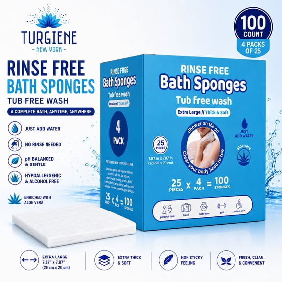 Turgiene Disposable Bath Sponges for Adults, White, Rinse-Free, 100 Count