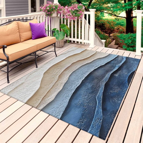 Blue Beige Outdoor Rug for Patio/Deck/Porch, Non-Slip Large Area Rug 4 x 6 Ft, Coastal Wave Modern Abstract Art Indoor Outdoor Rugs Washable Area Rugs, Reversible Camping Rug Carpet Runner