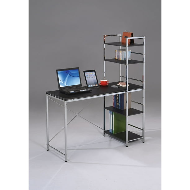 Computer Desk With Shelves, Black & Chrome Wood, Pvc, Steel Pipe