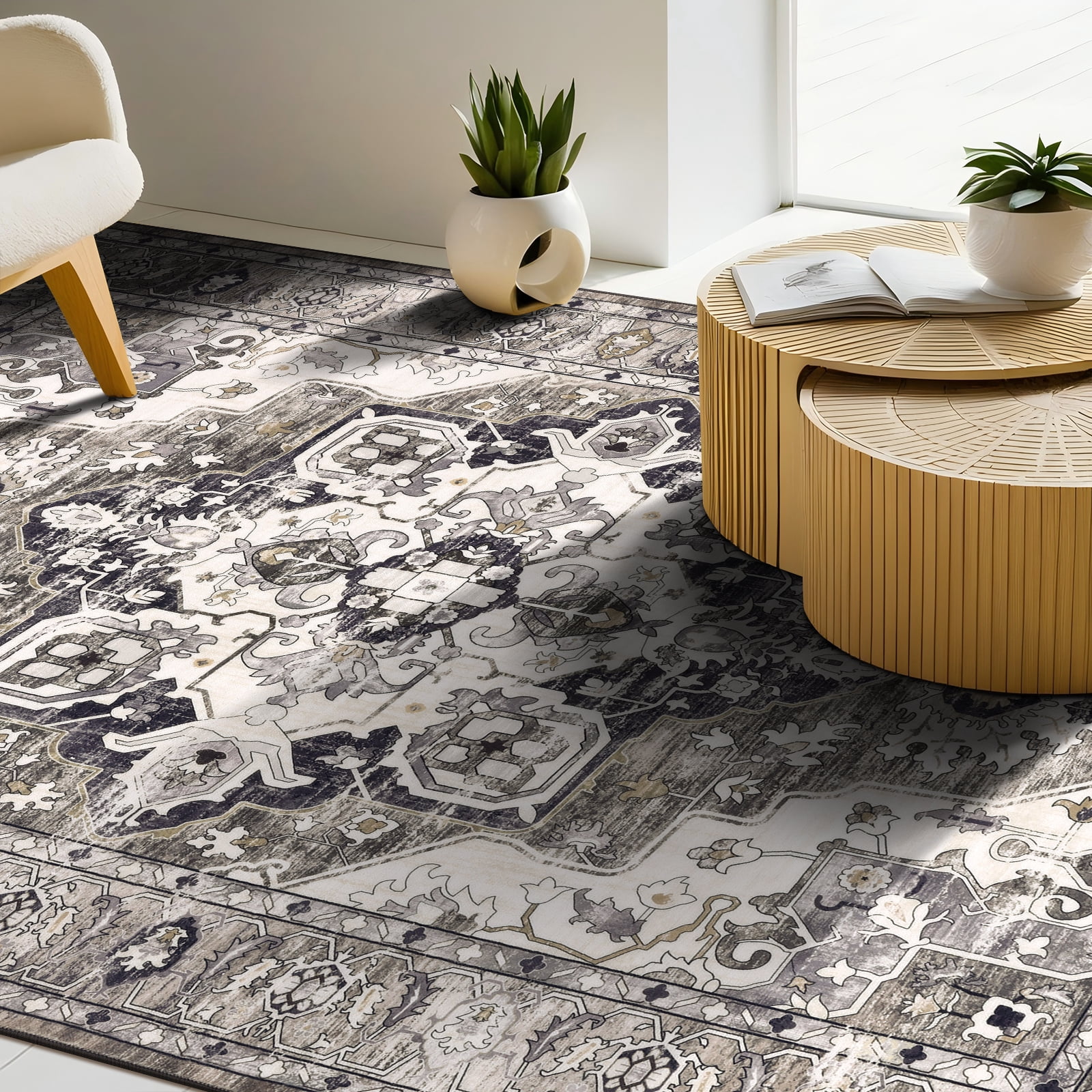Ileading 5'x8' Boho Area Rug for Living Room, Non Slip Machine Washable Rugs Vintage Floor Carpet for Bedroom Dinning Room Kitchen, Brown