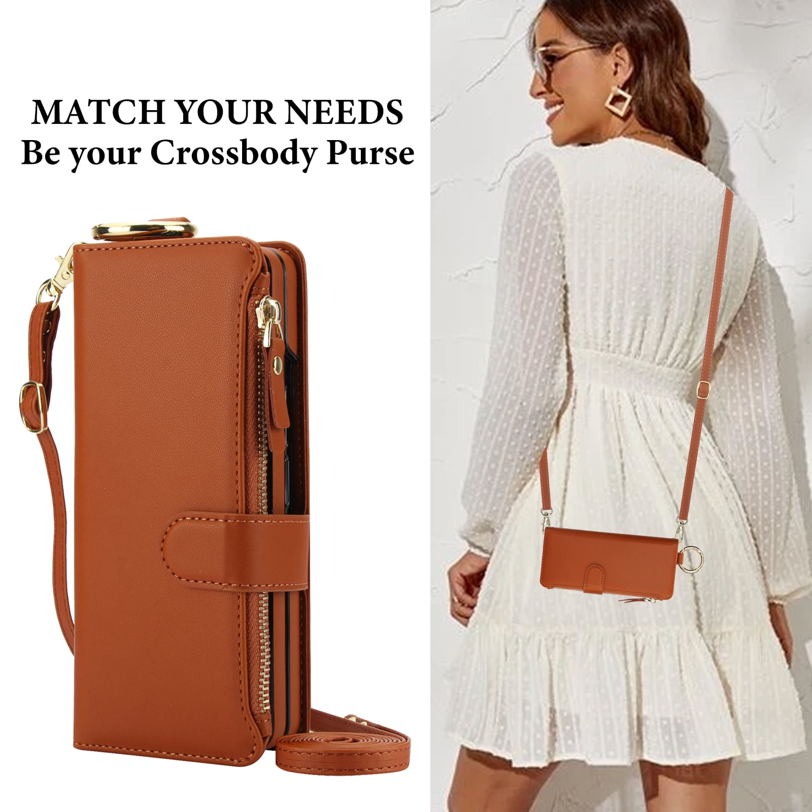 ChicShell Wallet Flip Case for Samsung Galaxy Z Fold 7, RFID Blocking Cards Slots Zipper Pocket Hand Strap Shockproof Stand Phone Case Cover with Crossbody Lanyard for Women Girls, Brown