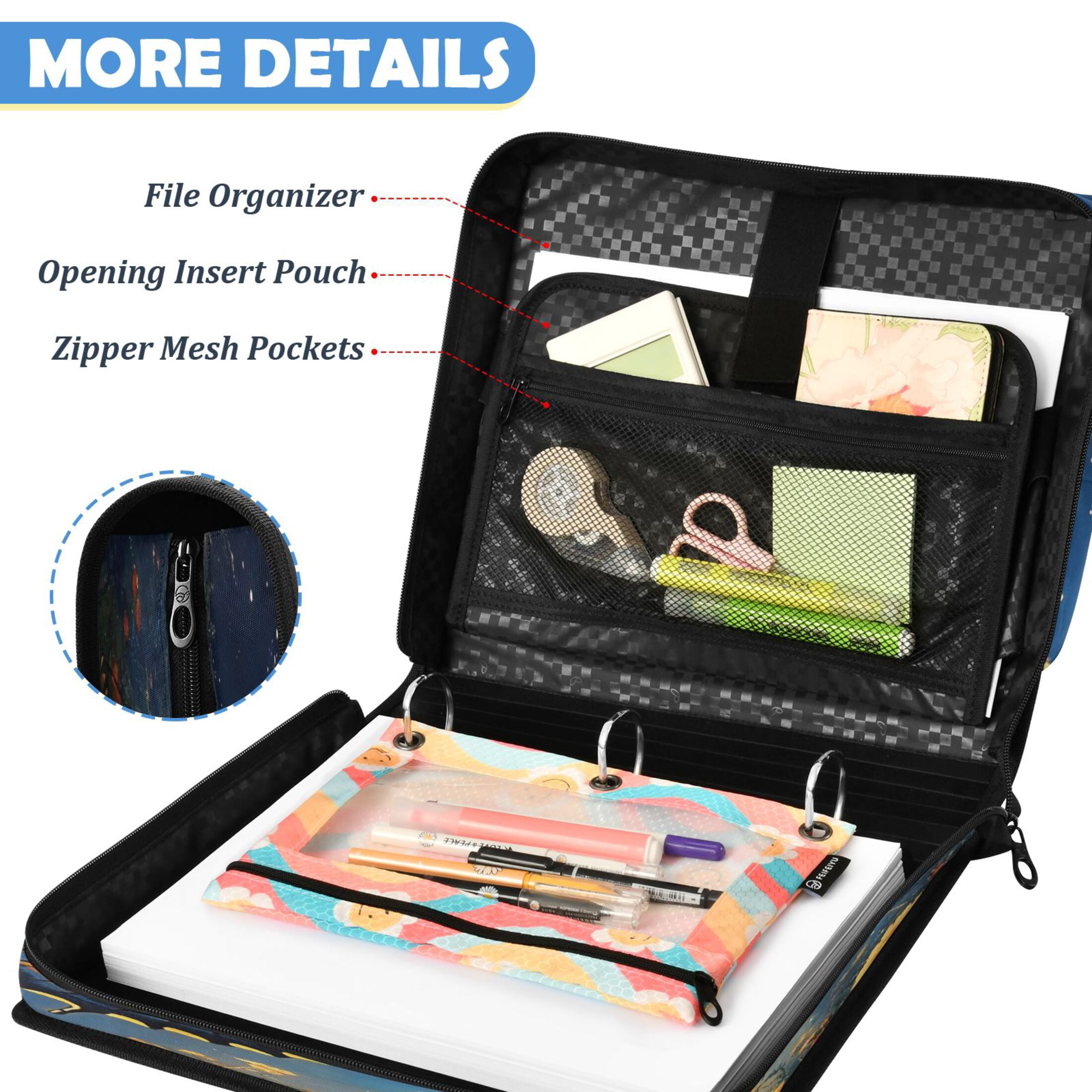 ALAZA Zipper Binder Butterfly at Night Pattern 2 inch 3 Ring 500 Sheet Capacity Trapper Keeper File Folder Organizer Bag