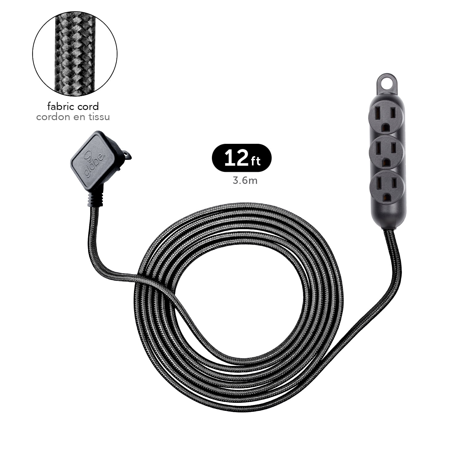 Globe Electric 12 ft. 3-Outlet 16/3 Black Fabric Extension Cord with Right-Angle Plug and Integrated Hanging Hook