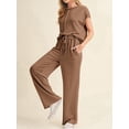 thumbnail image 4 of Women'S Two-Piece Casual Ribbed Knit Short-Sleeved Top, Wide-Leg Pants, Home Wear, Travel Sportswear Brown M, 4 of 6