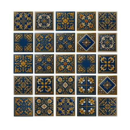 25 Pcs Tile Decals Blue Gold Floral Tiles Stickers Self Adhesive Waterproof Removable Wall Sticker Peel and Stick for Kitchen Bathroom Decor
